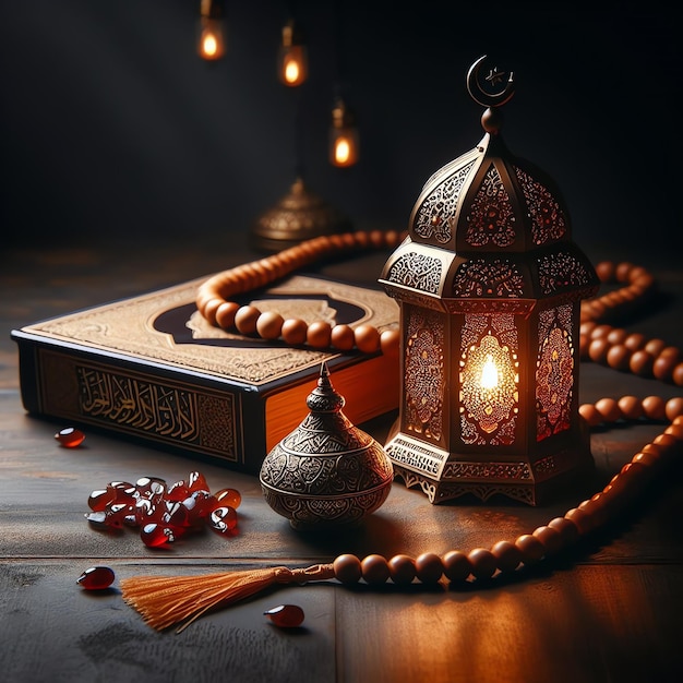 ramadan Une bougie allumée est placée dans une lanterne sur une table avec d'autres bougies allumées et un bol de fruits