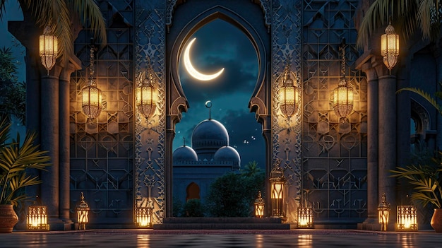 Ramadan avec un croissant de lune à la mosquée et des lanternes améliorées par un éclairage méticuleux