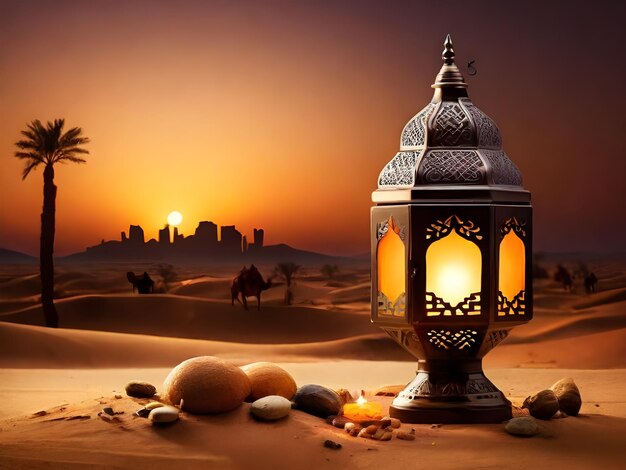 Photo ramadan eid mubarak une lampe arabe avec une scène du désert en arrière-plan