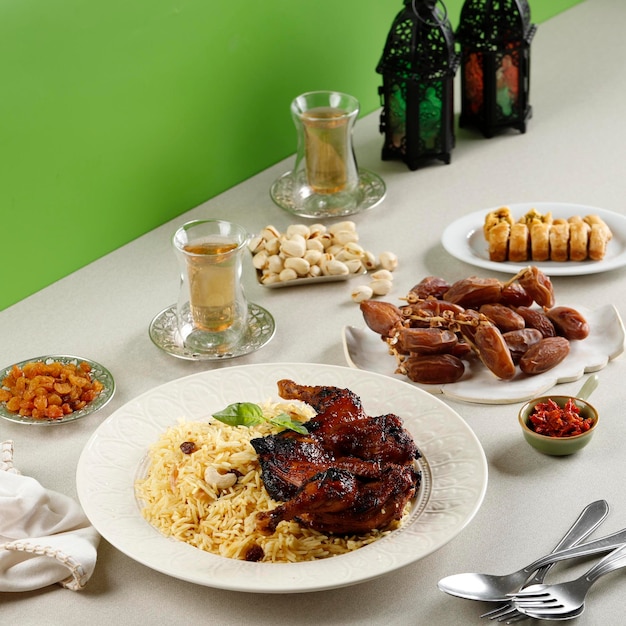 Ramadan Iftar Menu Buffet Riz Basmati Kabsa Avec Poulet Rôti Raisin Thé Dates Fruits Pistache Et Baklava Turc Concept Vert