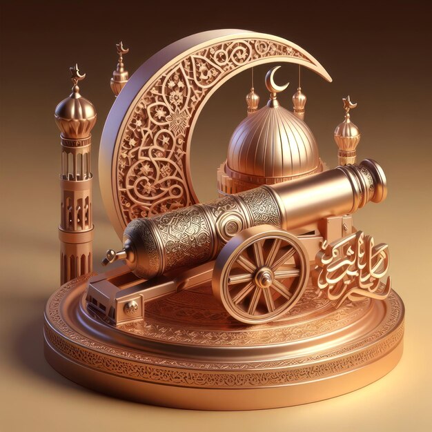 Ramadan kareem 3d canon et décoration islamique dans la base ronde