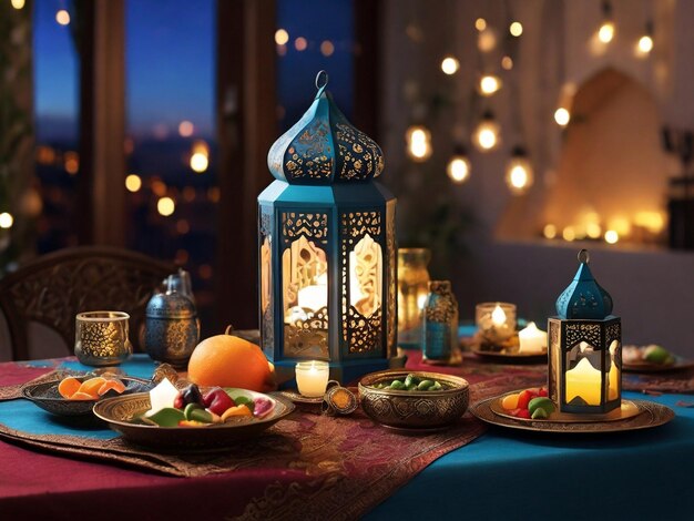 Ramadan Kareem concept lanternes arabes avec des bougies allumées