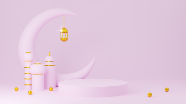 Photo ramadan kareem conçoit un dôme de mosquée rose et une lune dorée pour le podium d'affichage des produits sur fond rose