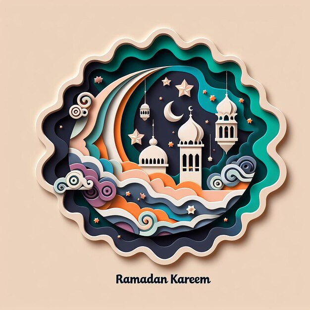 Photo ramadan kareem design dans le style de coupe de papier en couches avec des formes abstraites