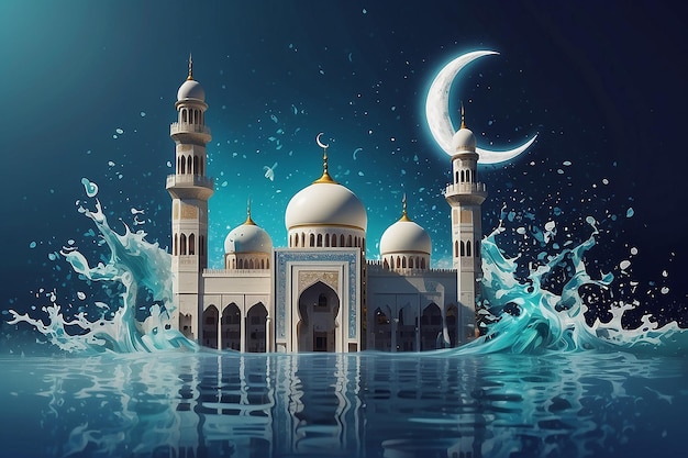 Photo ramadan kareem et eid mubarak félicitations illustrant la lune et la mosquée comme art éclaboussure d'eau concept créatif et unique