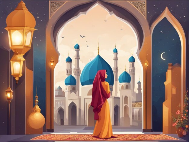 Ramadan Kareem Eid Mubarak Illustration vectorielle mignonne d'une ville musulmane avec une mosquée et un croissant