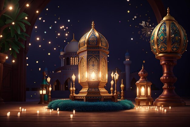 ramadan kareem eid mubarak lampe élégante royale avec porte sainte de la mosquée avec feux d'artifice