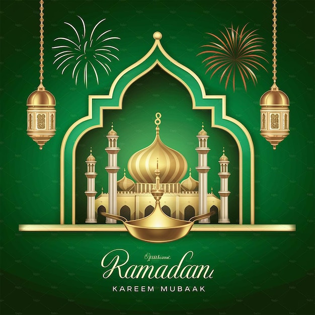ramadan kareem eid mubarak lampe royale élégante avec mosquée porte sainte avec feux d'artifice