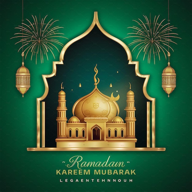 ramadan kareem eid mubarak lampe royale élégante avec mosquée porte sainte avec feux d'artifice