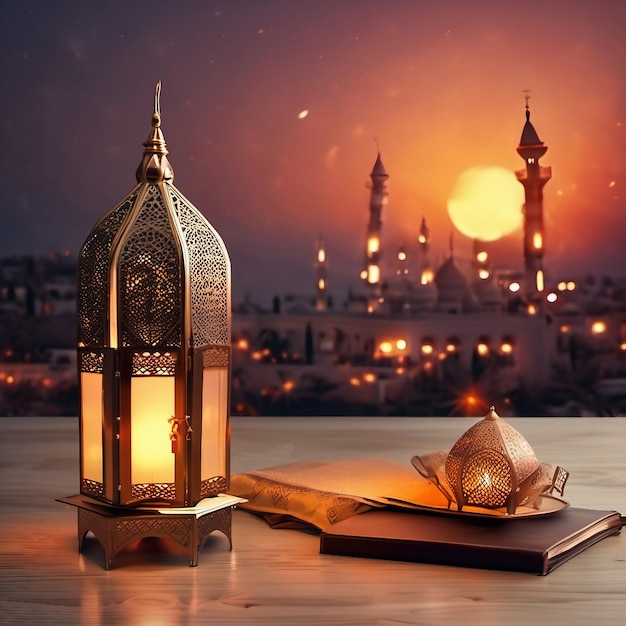 Ramadan Kareem Eid Mubarak Lampe Royale élégante Avec Porte Sainte De La Mosquée Avec Feux D'artifice Photo Gratuite