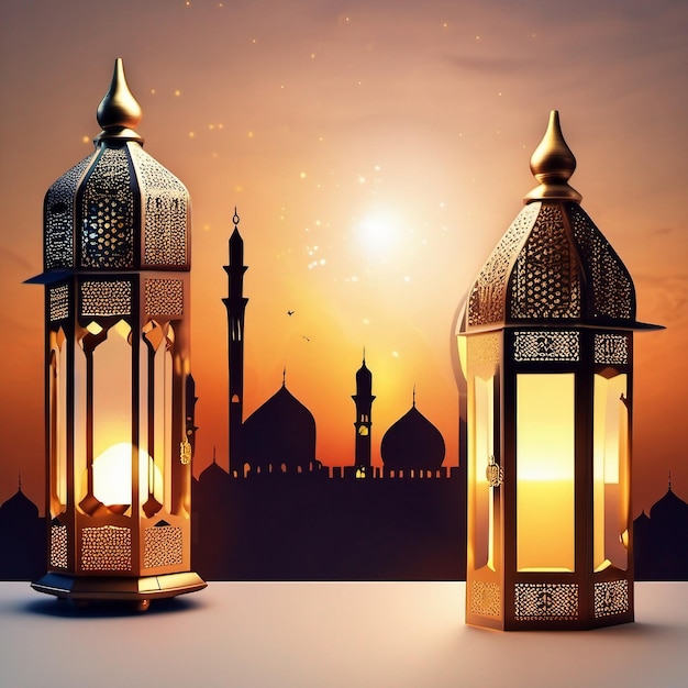 Ramadan Kareem Eid Mubarak Lampe Royale élégante Avec Porte Sainte De La Mosquée Avec Feux D'artifice Photo Gratuite