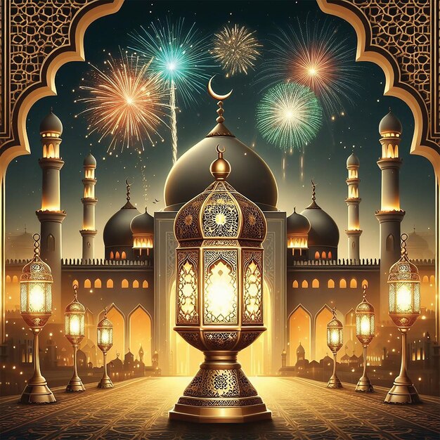 Photo ramadan kareem eid mubarak royal lampe élégante avec mosquée porte sainte avec feux d'artifice