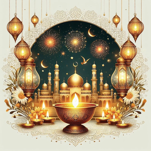 Ramadan Kareem Eid Mubarak royal lampe élégante avec mosquée porte sainte avec feux d'artifice