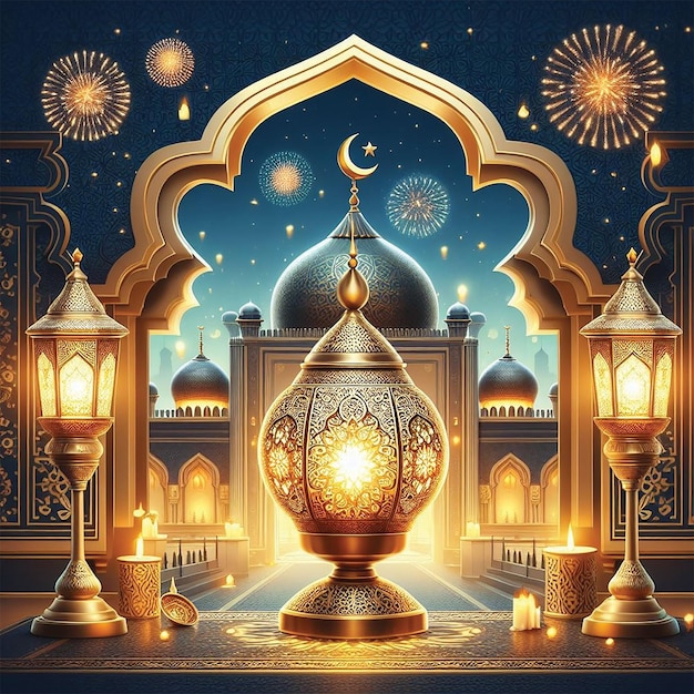 Ramadan Kareem Eid Mubarak royal lampe élégante avec mosquée porte sainte avec feux d'artifice