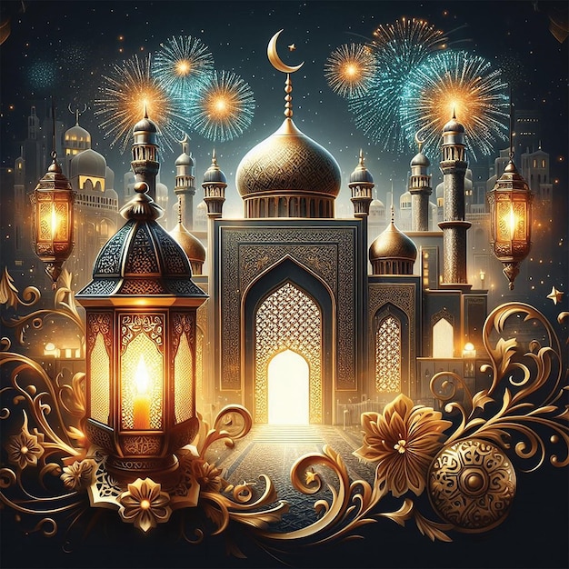 Ramadan Kareem Eid Mubarak royal lampe élégante avec mosquée porte sainte avec feux d'artifice