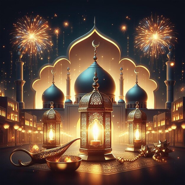 Photo ramadan kareem eid mubarak royal lampe élégante avec mosquée porte sainte avec feux d'artifice