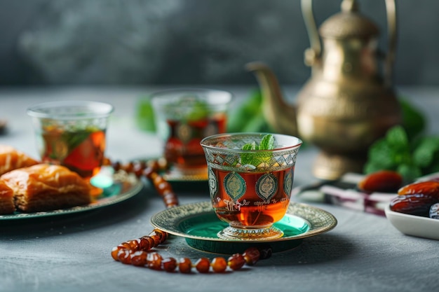 Ramadan kareem fête thé à la menthe arabe avec des dattes fruits