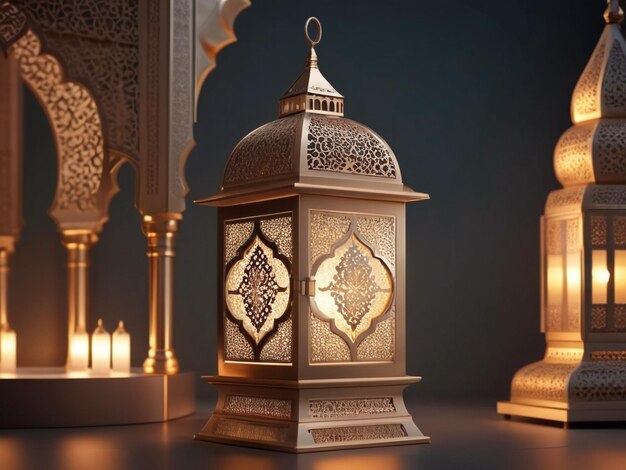 Ramadan Kareem lanternes de luxe arabes et ornement élégant mosquée 3D avec un arrière-plan brillant