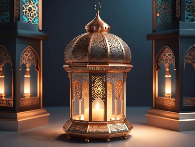 Ramadan Kareem lanternes de luxe arabes et ornement élégant mosquée 3D avec un arrière-plan brillant