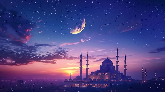 Ramadan Kareem Une lune croissante sur le sommet d'une mosquée Génératif Ai