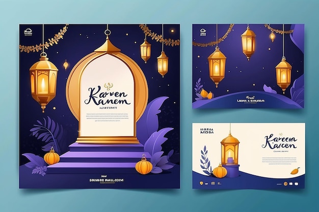 Photo ramadan kareem modèle de message sur les réseaux sociaux avec lanterne et podium