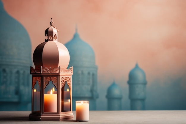 Ramadan Kareem avec mosquée sereine et lanterne sur fond pastel