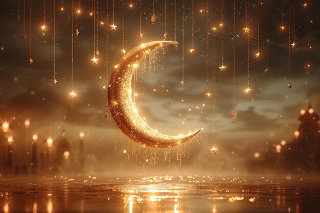 Ramadan Kareem Poster d'accueil doré design pastel couleurs roses étincelantes avec la lune et les étoiles