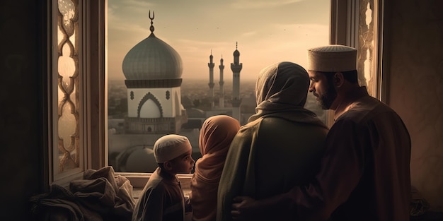 Ramadan Kareem Salutations et liens familiaux Une photographie réconfortante d'une famille regardant une mosquée