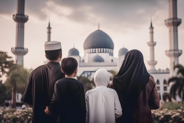 Ramadan Kareem Salutations et liens familiaux Une photographie réconfortante d'une famille regardant une mosquée