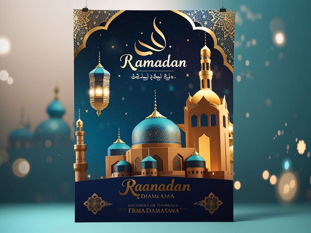 Photo ramadan kareem et la silhouette d'une mosquée islamique avec une lanterne suspendue ornementale musulmane cette carte de vœux a un fond de célébration islamique pour l'illustration de stock vectoriel de conception graphique