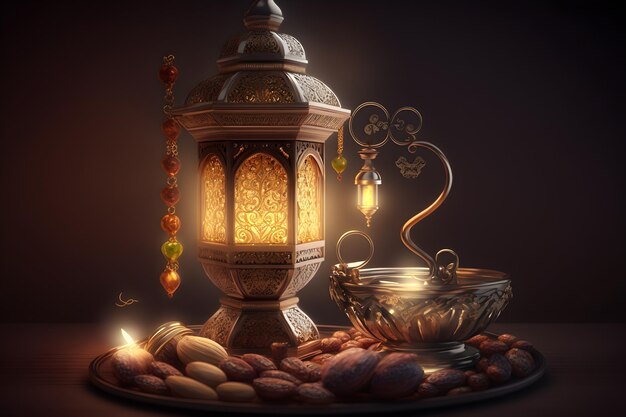 Photo ramadan lampe chapelet et dates vacances décoration fond générative ai