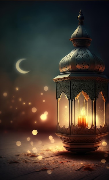 Ramadan Lantern et croissant de lune Eid Mubarak Ramadan Kareem bannière flou fond copie espace