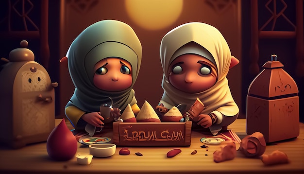 Ramadan Moubarak dessin animé Ramadan le temps sacré pour la prière générative ai