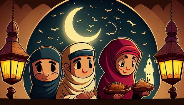Ramadan Moubarak dessin animé Ramadan le temps sacré pour la prière générative ai