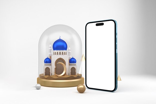 Ramadan Phone 14 avec côté perspective de la mosquée sur fond blanc