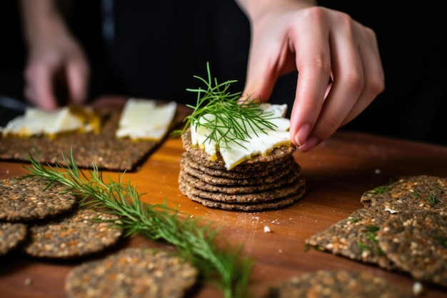 Ramasser à la main un biscuit de seigle garni de fromage et d'herbes