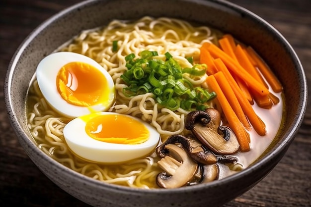 Ramen asiatique un plat d'œuf à la coque avec des nouilles et des champignons