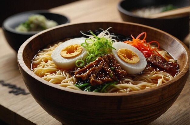 Le ramen est servi dans un bol de bois traditionnel