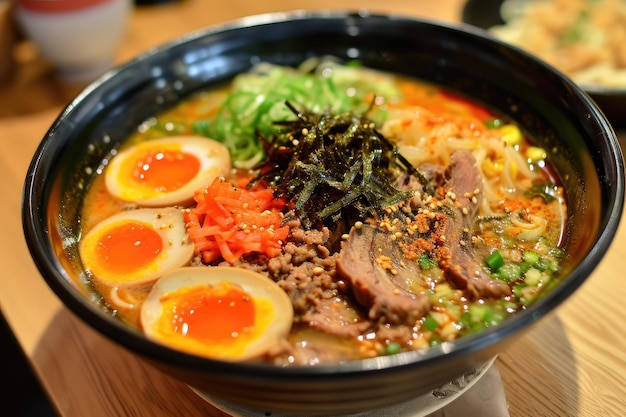 Le ramen japonais avec un plat de nouilles en bouillon riche et savoureux plaît aux palais.