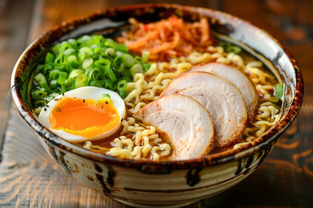 Ramen japonais traditionnel avec des œufs de porc, des oignons verts et du kimchi dans un bol en céramique sur bois