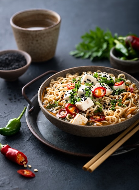 Ramen de nourriture végétarienne asiatique avec du tofu et des légumes sur la mise au point sélective de surface sombre