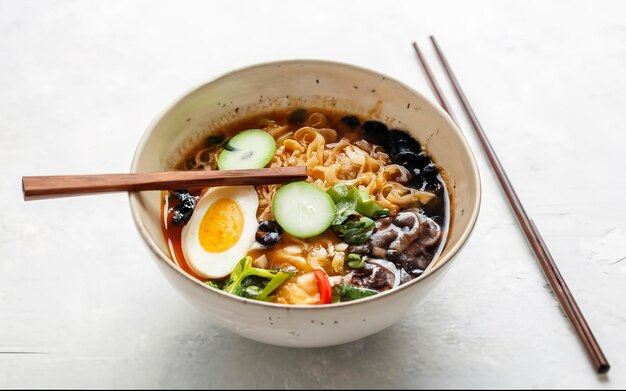 Ramen de soupe japonaise traditionnelle dans un bol isolé sur fond blanc