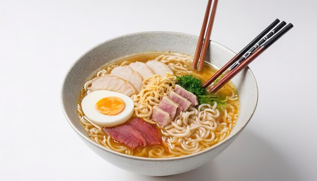 Photo ramen de soupe japonaise traditionnelle dans un bol isolé sur fond blanc