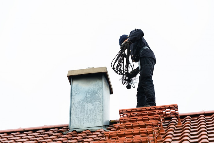 Photo ramoneur sur le toit de la maison de travail