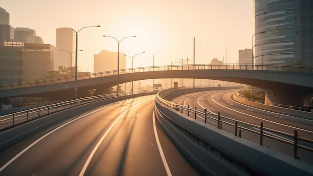 Rampe incurvée d'une autoroute au-dessus des rues au lever du soleil avec éclairage et passage de l'IA génératrice de trafic routier