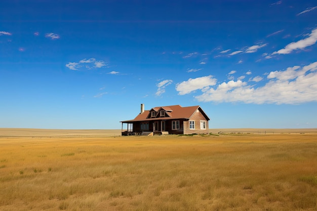 Ranch house assis sur une vaste étendue de ciel bleu des prairies en arrière-plan