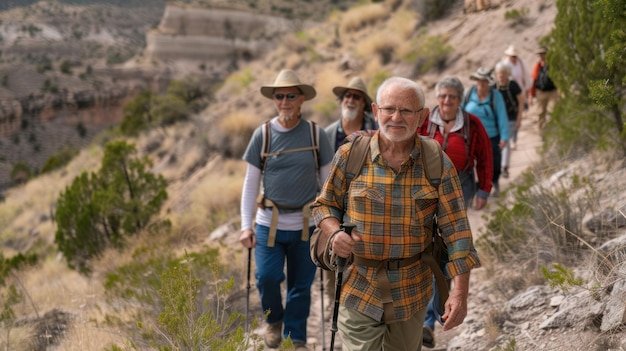 Photo randonnée active en groupe de personnes âgées sur le sentier de montagne, la force et la résilience dans le bon vieillissement