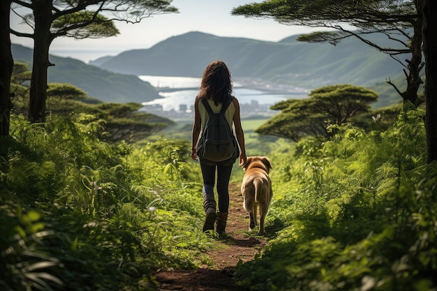 Une randonnée avec un chien de compagnie dans une forêt de verdure luxuriante une personne et leur compagnon canin naviguant sur un sentier sinueux
