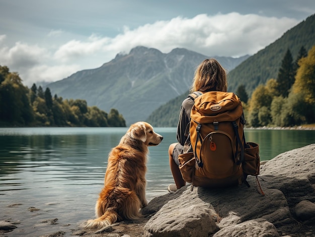 Randonnée avec un chien Femme avec un chien en randonnée dans les montagnes forestières