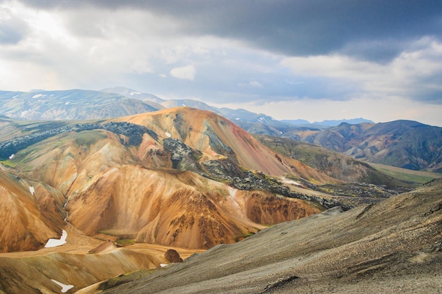 Randonnée dans les hautes terres avec neige, mousse volcanique verte, montagne colorée, Landmannalaugar, Islande